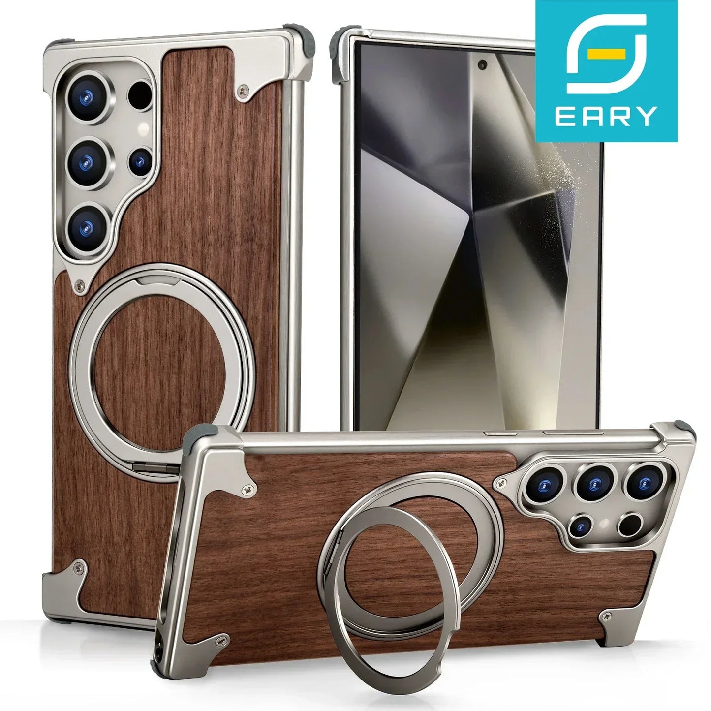 Eary Solid Wood Phone Case for Samsung Galaxy S25/S24 Ultra – Magsafe Compatible, 360° Rotation Kickstand, Frameless Protective Shell - RELUX.STORE