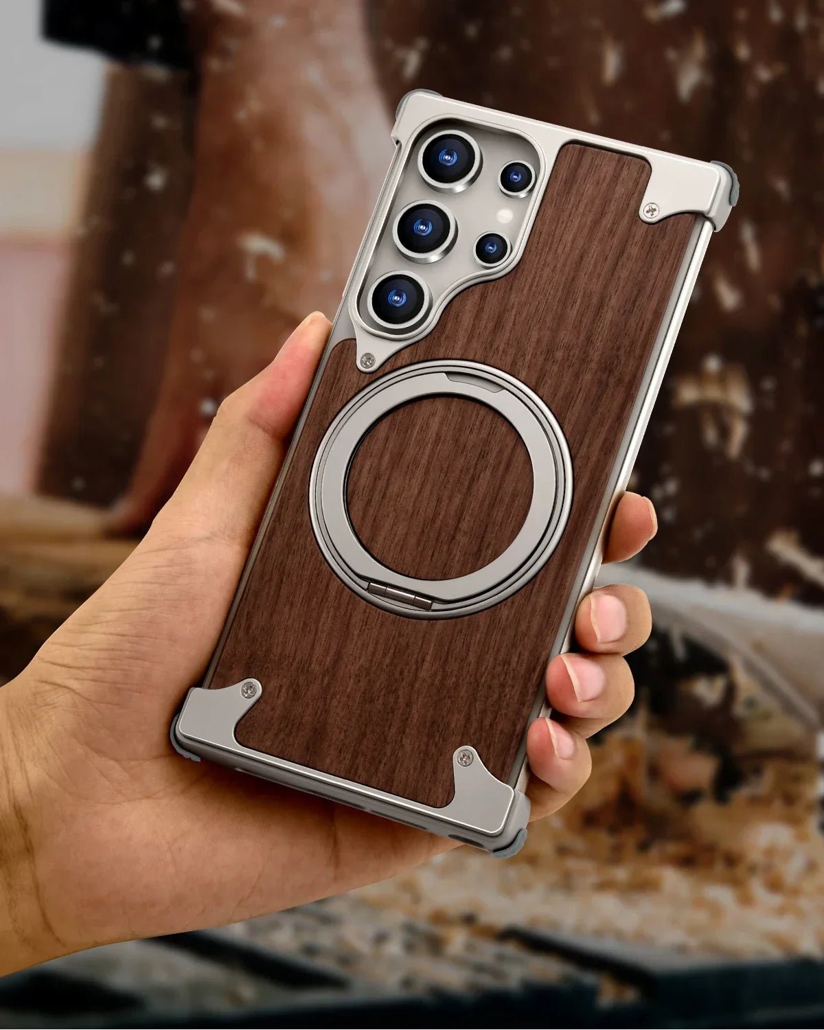 Eary Solid Wood Phone Case for Samsung Galaxy S25/S24 Ultra – Magsafe Compatible, 360° Rotation Kickstand, Frameless Protective Shell - RELUX.STORE