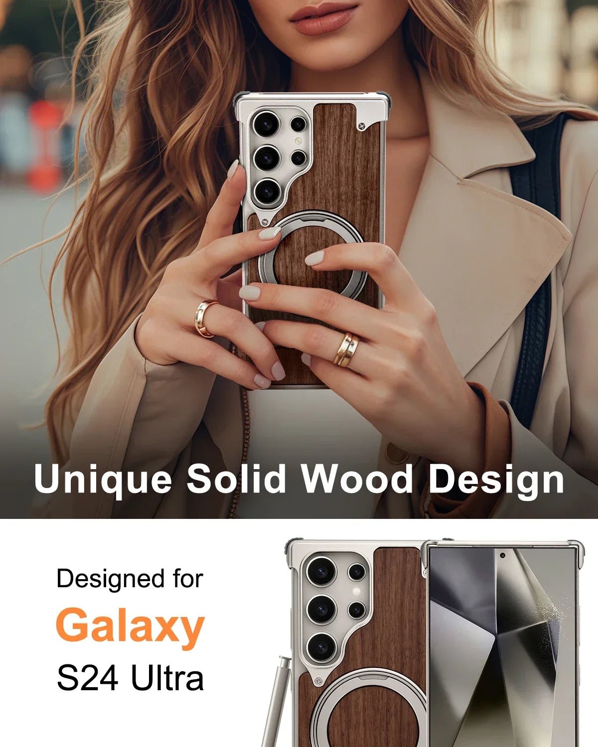 Eary Solid Wood Phone Case for Samsung Galaxy S25/S24 Ultra – Magsafe Compatible, 360° Rotation Kickstand, Frameless Protective Shell - RELUX.STORE