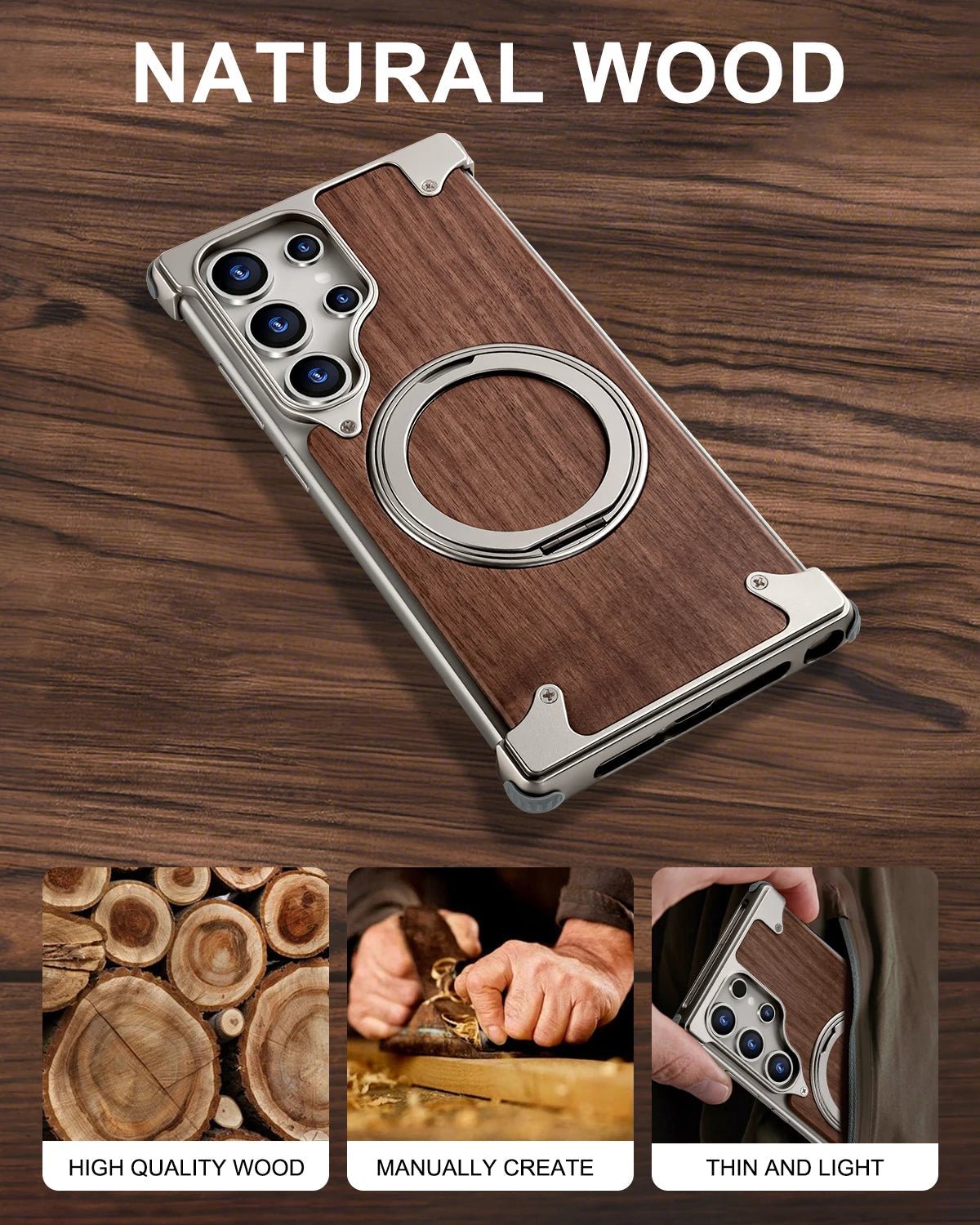 Eary Solid Wood Phone Case for Samsung Galaxy S25/S24 Ultra – Magsafe Compatible, 360° Rotation Kickstand, Frameless Protective Shell - RELUX.STORE