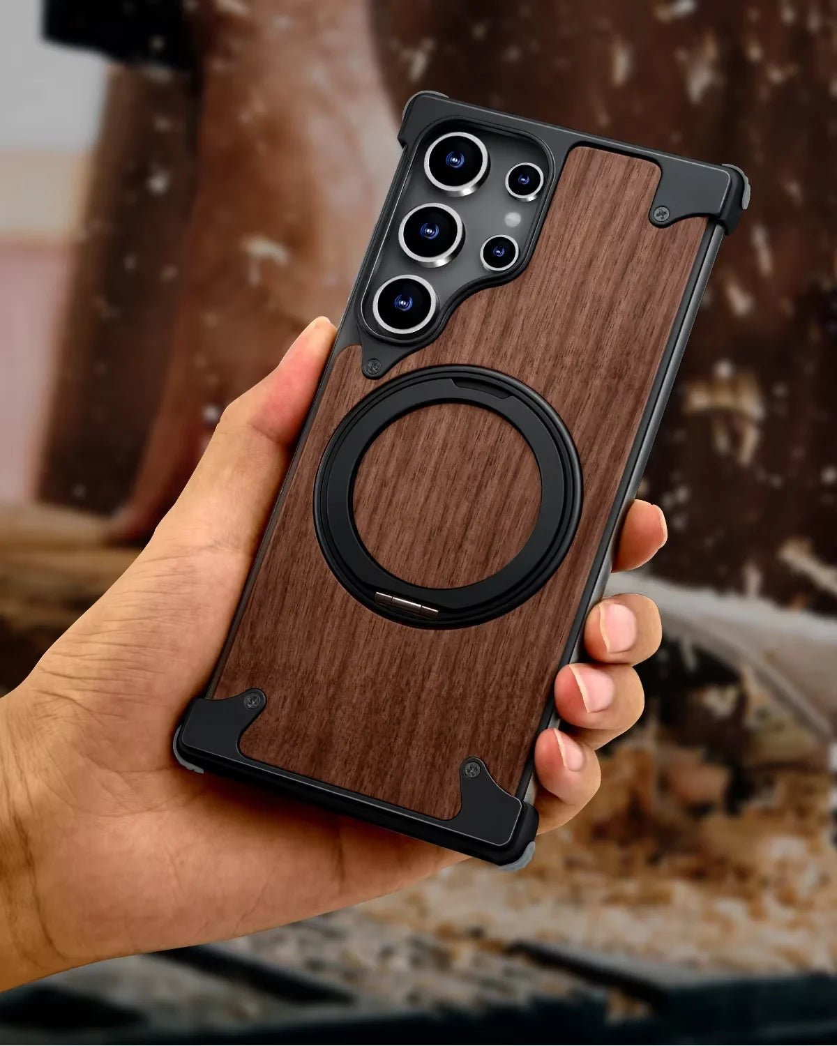 Eary Solid Wood Phone Case for Samsung Galaxy S25/S24 Ultra – Magsafe Compatible, 360° Rotation Kickstand, Frameless Protective Shell - RELUX.STORE
