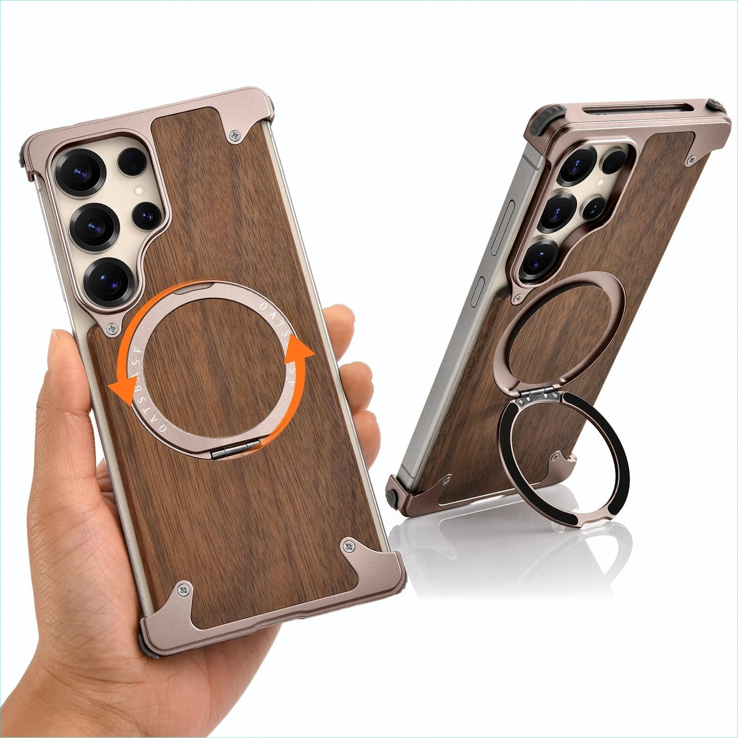 Eary Solid Wood Phone Case for Samsung Galaxy S25/S24 Ultra – Magsafe Compatible, 360° Rotation Kickstand, Frameless Protective Shell - RELUX.STORE