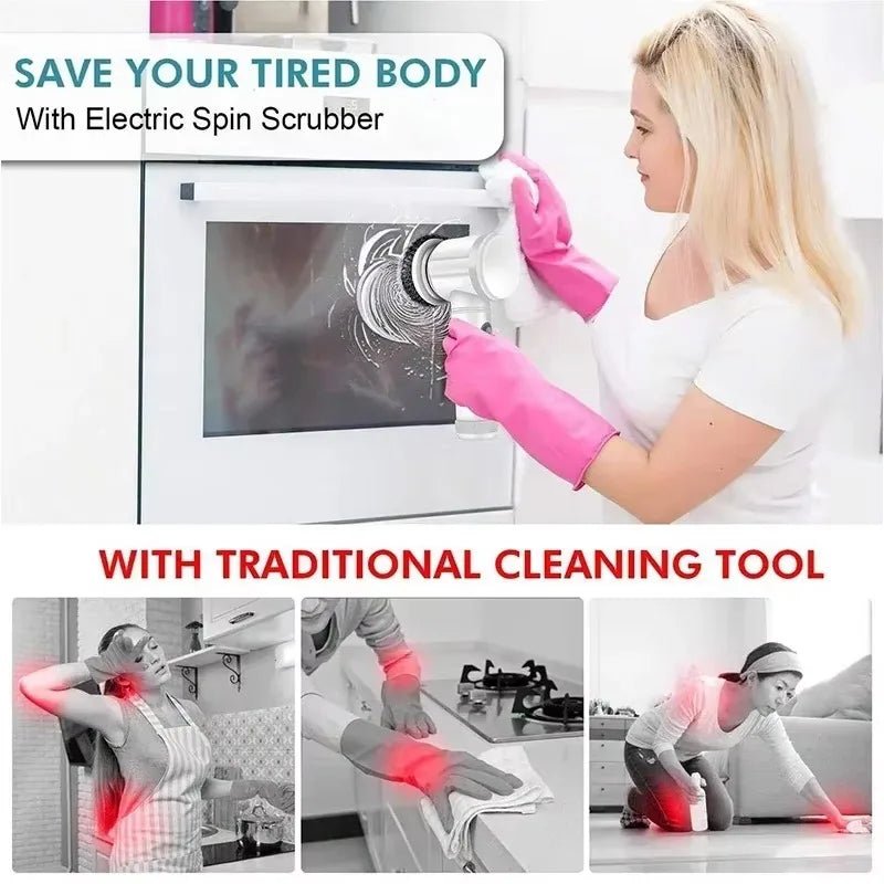 Electric Spin Scrubber Cordless Spin Scrubber with 5 Replaceable Brush Heads and Adjustable Extension Handle,5 in 1CleaningBrush - RELUX.STORE