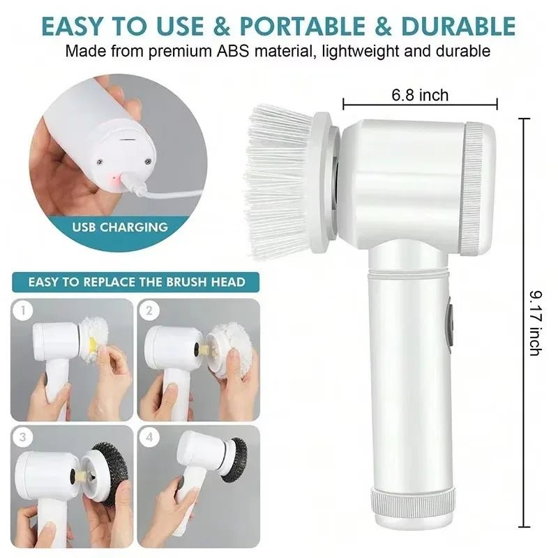Electric Spin Scrubber Cordless Spin Scrubber with 5 Replaceable Brush Heads and Adjustable Extension Handle,5 in 1CleaningBrush - RELUX.STORE
