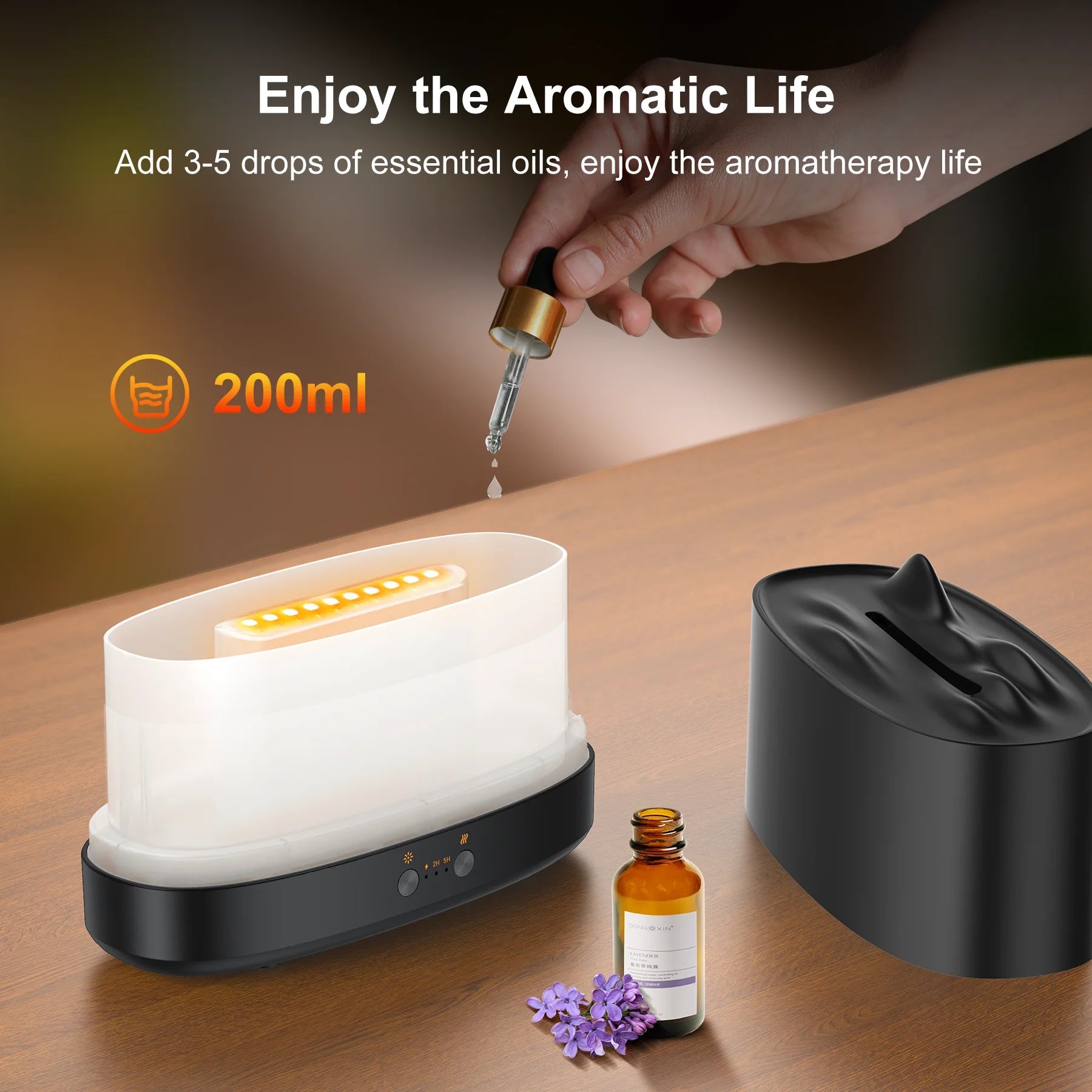 Essential Oil Diffuser & Humidifier – 200ml Flame Aroma Diffuser with 7 Color LED Lights & Timer | Aromatherapy Diffuser for Home, Bedroom & Office (Black) - RELUX.STORE