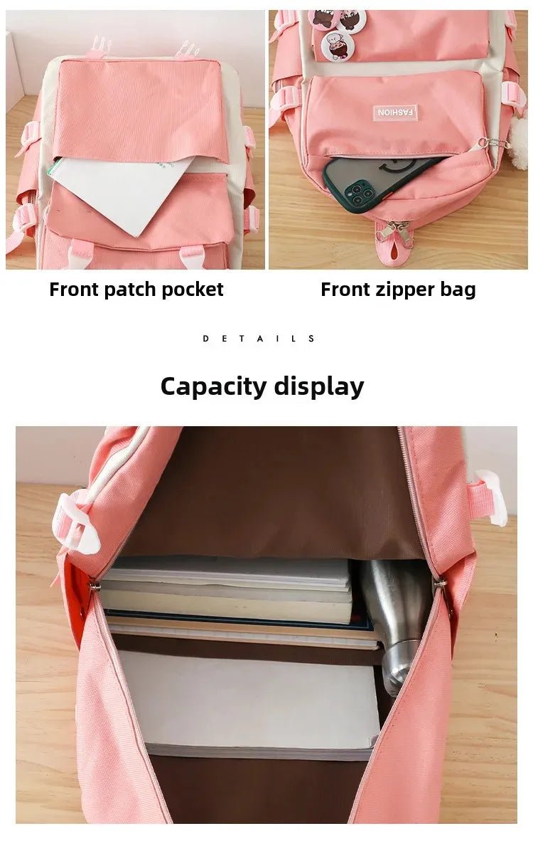 Five - Piece Set Large Capacity Fashionable Double Shoulder Backpack for Junior And High School Girls Primary School Students - RELUX.STORE