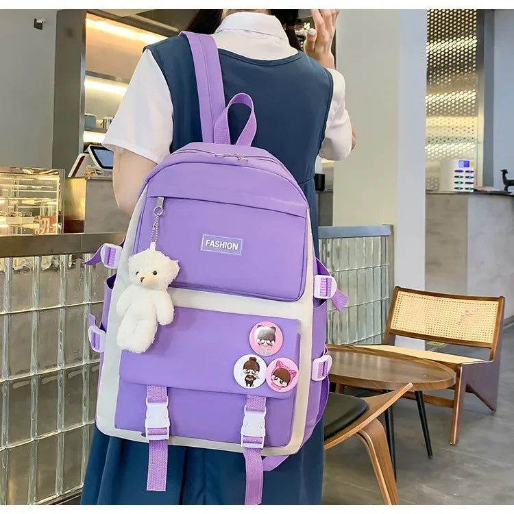 Five - Piece Set Large Capacity Fashionable Double Shoulder Backpack for Junior And High School Girls Primary School Students - RELUX.STORE