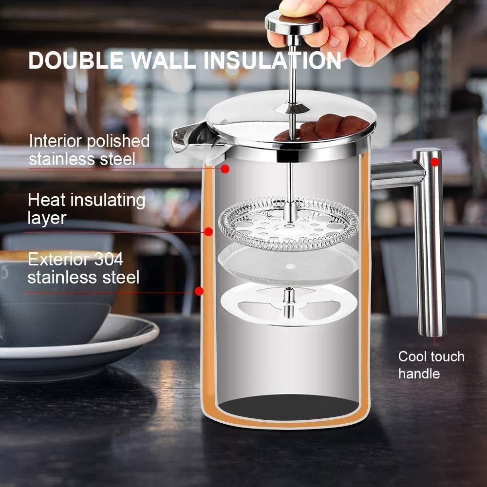 “French Press Coffee Maker – 304 Stainless Steel Insulated Coffee Press with 2 Extra Screens, 12oz (0.35L) Silver – Durable, Easy - to - Clean, Stylish Manual Coffee Brewer” - RELUX.STORE