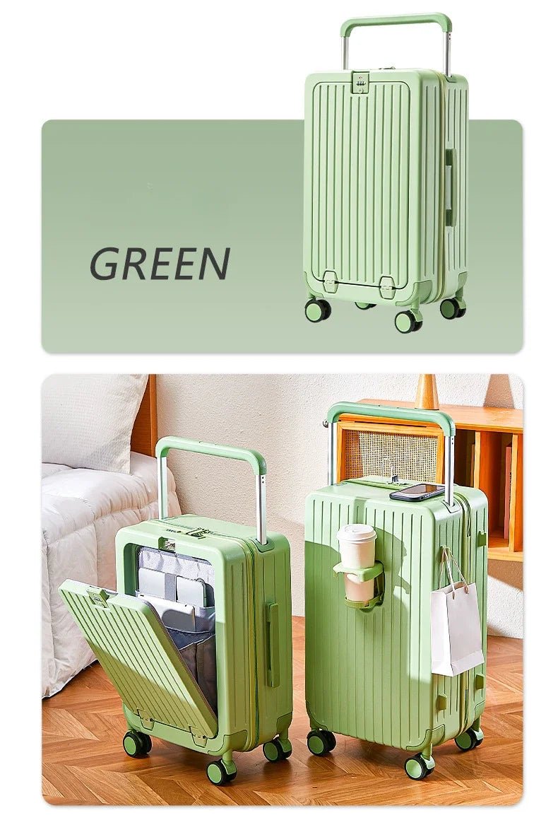 Front Opening Luggage with Laptop Storage Large Capacity Travel Trunk with Cup Holder&USB Charging Port&Wide Handle - RELUX.STOREFront Opening Luggage with Laptop Storage Large Capacity Travel Trunk with Cup Holder&USB Charging Port&Wide Handle