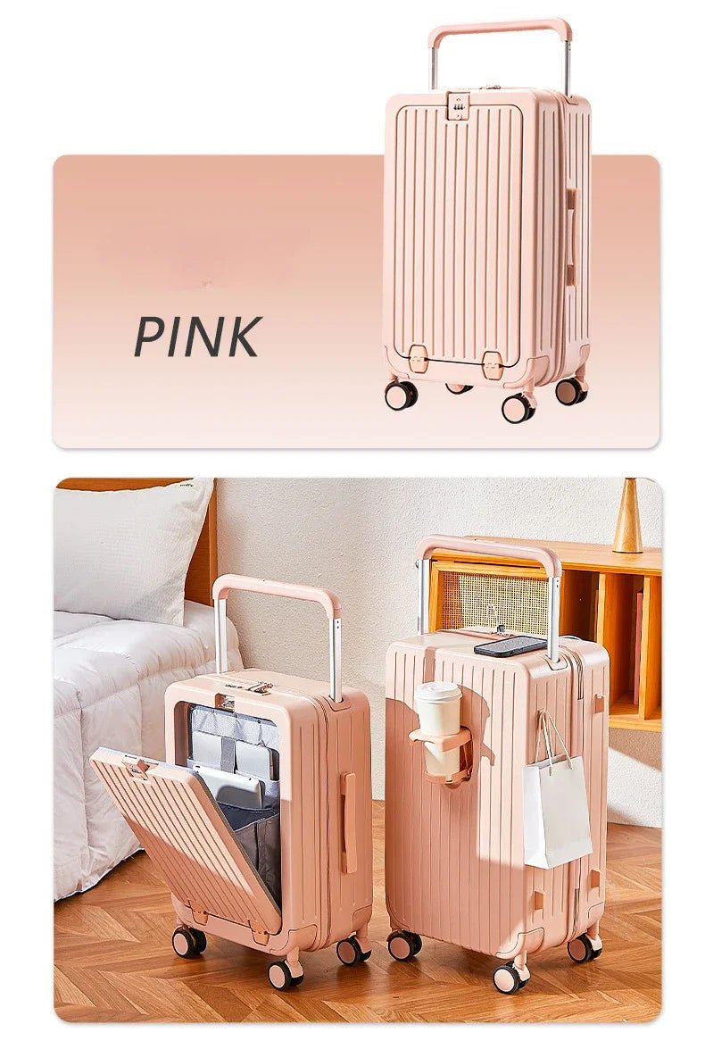Front Opening Luggage with Laptop Storage Large Capacity Travel Trunk with Cup Holder&USB Charging Port&Wide Handle - RELUX.STOREFront Opening Luggage with Laptop Storage Large Capacity Travel Trunk with Cup Holder&USB Charging Port&Wide Handle