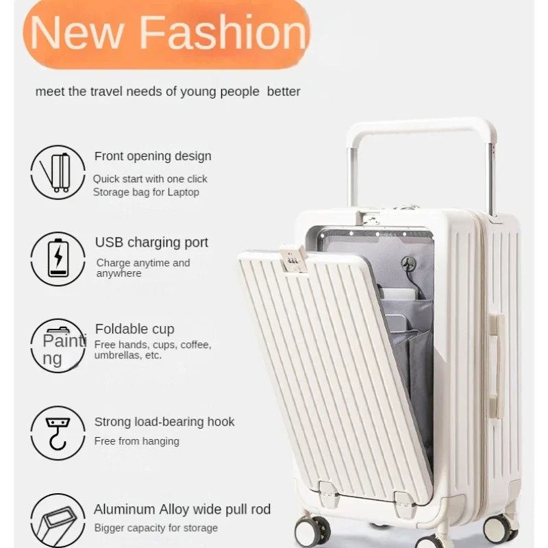 Front Opening Luggage with Laptop Storage Large Capacity Travel Trunk with Cup Holder&USB Charging Port&Wide Handle - RELUX.STOREFront Opening Luggage with Laptop Storage Large Capacity Travel Trunk with Cup Holder&USB Charging Port&Wide Handle