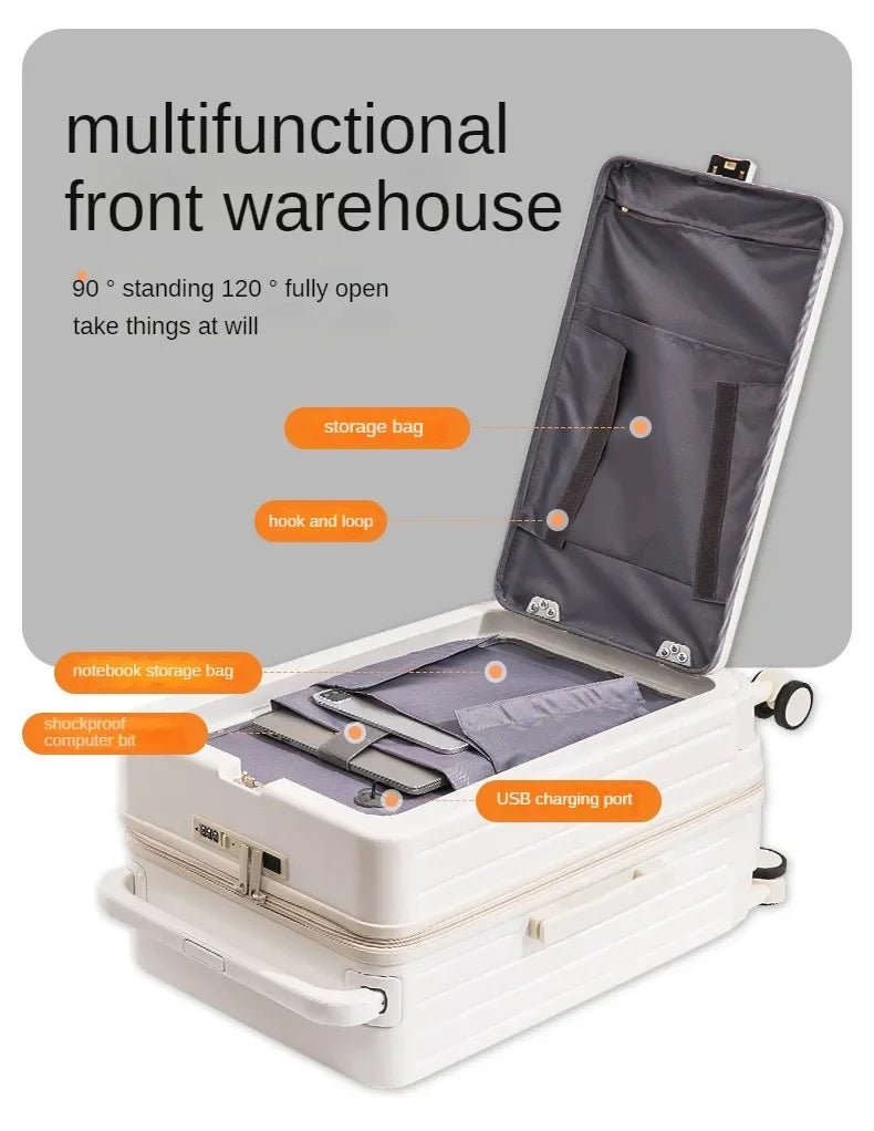 Front Opening Luggage with Laptop Storage Large Capacity Travel Trunk with Cup Holder&USB Charging Port&Wide Handle - RELUX.STOREFront Opening Luggage with Laptop Storage Large Capacity Travel Trunk with Cup Holder&USB Charging Port&Wide Handle