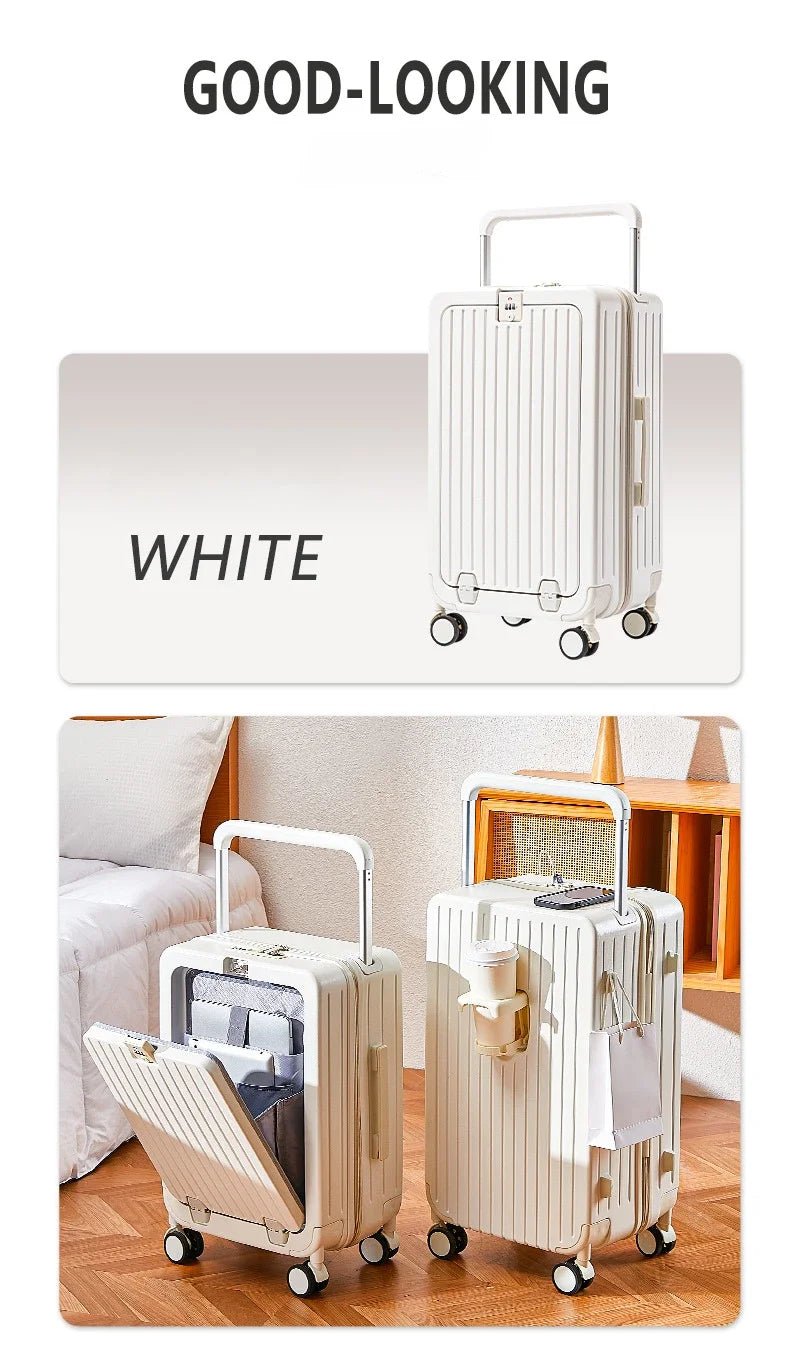 Front Opening Luggage with Laptop Storage Large Capacity Travel Trunk with Cup Holder&USB Charging Port&Wide Handle - RELUX.STOREFront Opening Luggage with Laptop Storage Large Capacity Travel Trunk with Cup Holder&USB Charging Port&Wide Handle