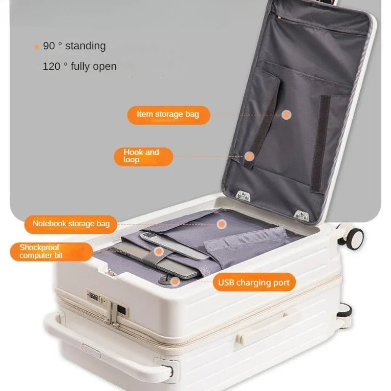 Front Opening Luggage with Laptop Storage Large Capacity Travel Trunk with Cup Holder&USB Charging Port&Wide Handle - RELUX.STOREFront Opening Luggage with Laptop Storage Large Capacity Travel Trunk with Cup Holder&USB Charging Port&Wide Handle