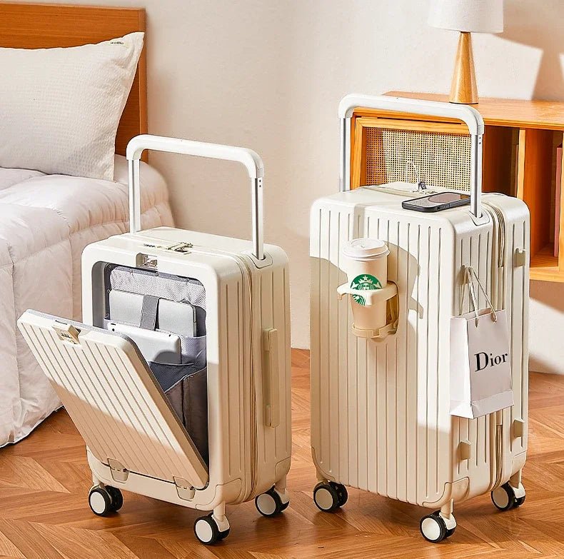 Front Opening Luggage with Laptop Storage Large Capacity Travel Trunk with Cup Holder&USB Charging Port&Wide Handle - RELUX.STOREFront Opening Luggage with Laptop Storage Large Capacity Travel Trunk with Cup Holder&USB Charging Port&Wide Handle