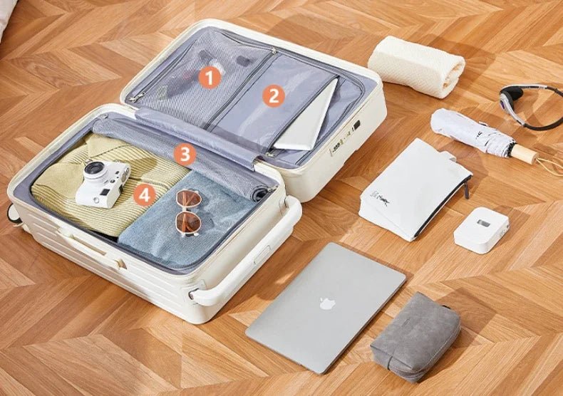 Front Opening Luggage with Laptop Storage Large Capacity Travel Trunk with Cup Holder&USB Charging Port&Wide Handle - RELUX.STOREFront Opening Luggage with Laptop Storage Large Capacity Travel Trunk with Cup Holder&USB Charging Port&Wide Handle
