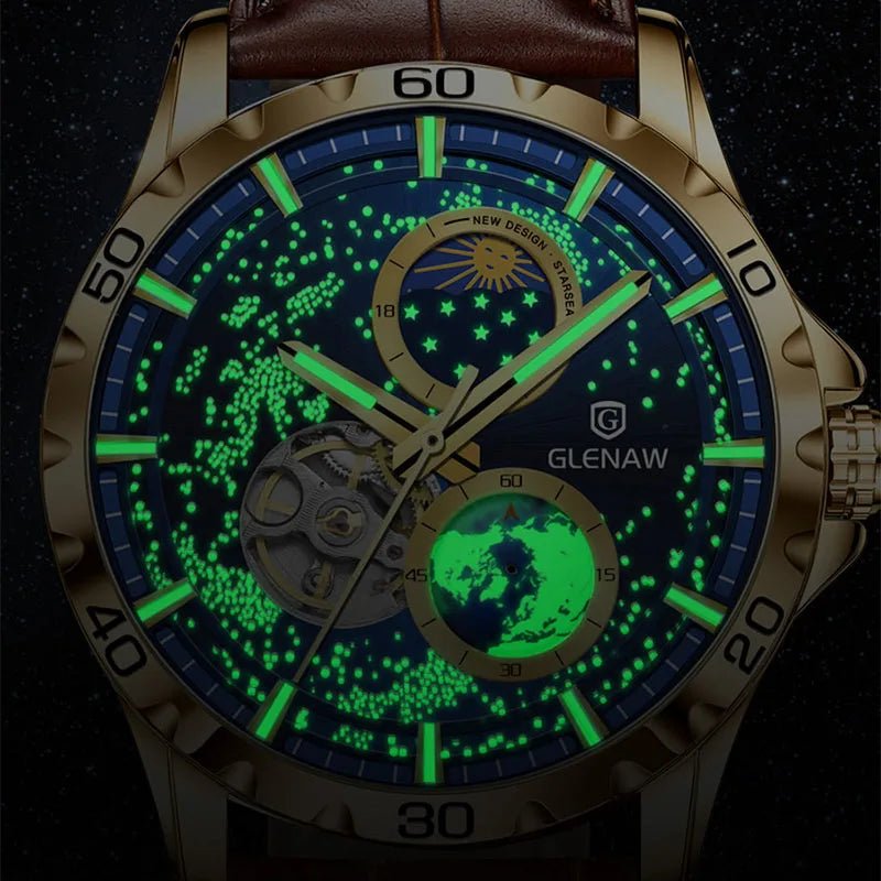 GLENAW Rotating Earth Double Second Hand WristWatch Men Automatic Mechanical Watch Starry Sky Stainless Steel Leather Watchband - RELUX.STORE