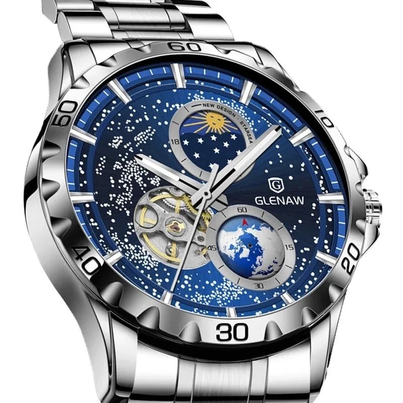 GLENAW Rotating Earth Double Second Hand WristWatch Men Automatic Mechanical Watch Starry Sky Stainless Steel Leather Watchband - RELUX.STORE