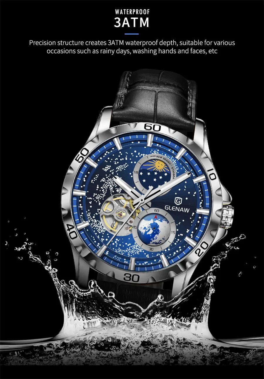 GLENAW Rotating Earth Double Second Hand WristWatch Men Automatic Mechanical Watch Starry Sky Stainless Steel Leather Watchband - RELUX.STORE