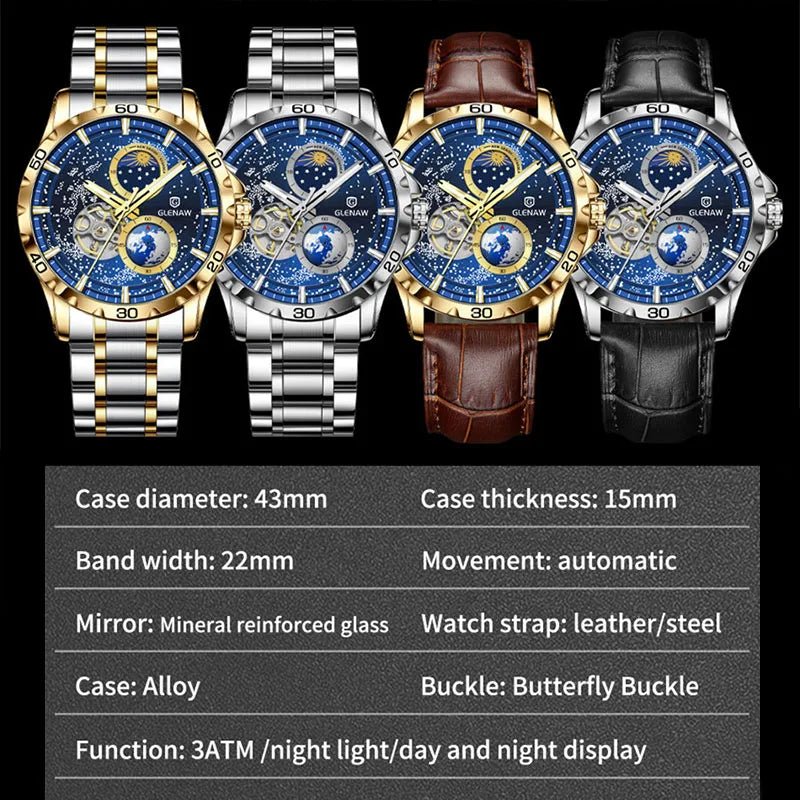 GLENAW Rotating Earth Double Second Hand WristWatch Men Automatic Mechanical Watch Starry Sky Stainless Steel Leather Watchband - RELUX.STORE