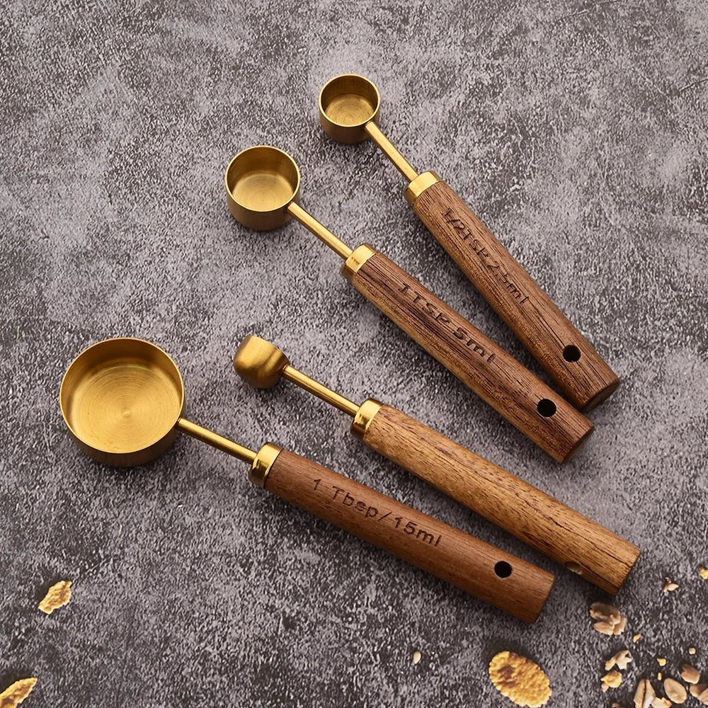 Gold Wooden Handle Stainless Steel Measuring Cups Spoons Baking Tools Coffee Measuring Spoon Set Bartending Scale Accessories - RELUX.STORE