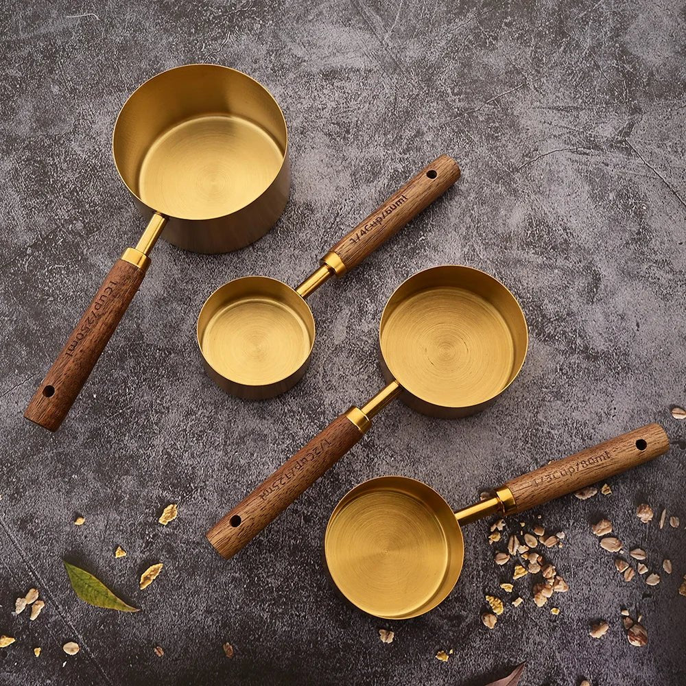 Gold Wooden Handle Stainless Steel Measuring Cups Spoons Baking Tools Coffee Measuring Spoon Set Bartending Scale Accessories - RELUX.STORE