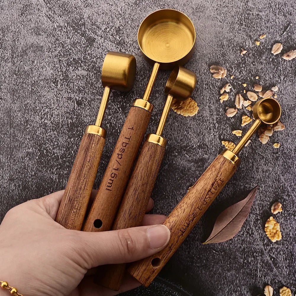 Gold Wooden Handle Stainless Steel Measuring Cups Spoons Baking Tools Coffee Measuring Spoon Set Bartending Scale Accessories - RELUX.STORE