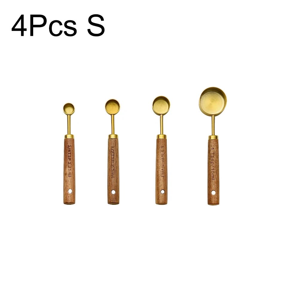 Gold Wooden Handle Stainless Steel Measuring Cups Spoons Baking Tools Coffee Measuring Spoon Set Bartending Scale Accessories - RELUX.STORE