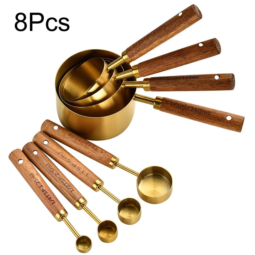 Gold Wooden Handle Stainless Steel Measuring Cups Spoons Baking Tools Coffee Measuring Spoon Set Bartending Scale Accessories - RELUX.STORE