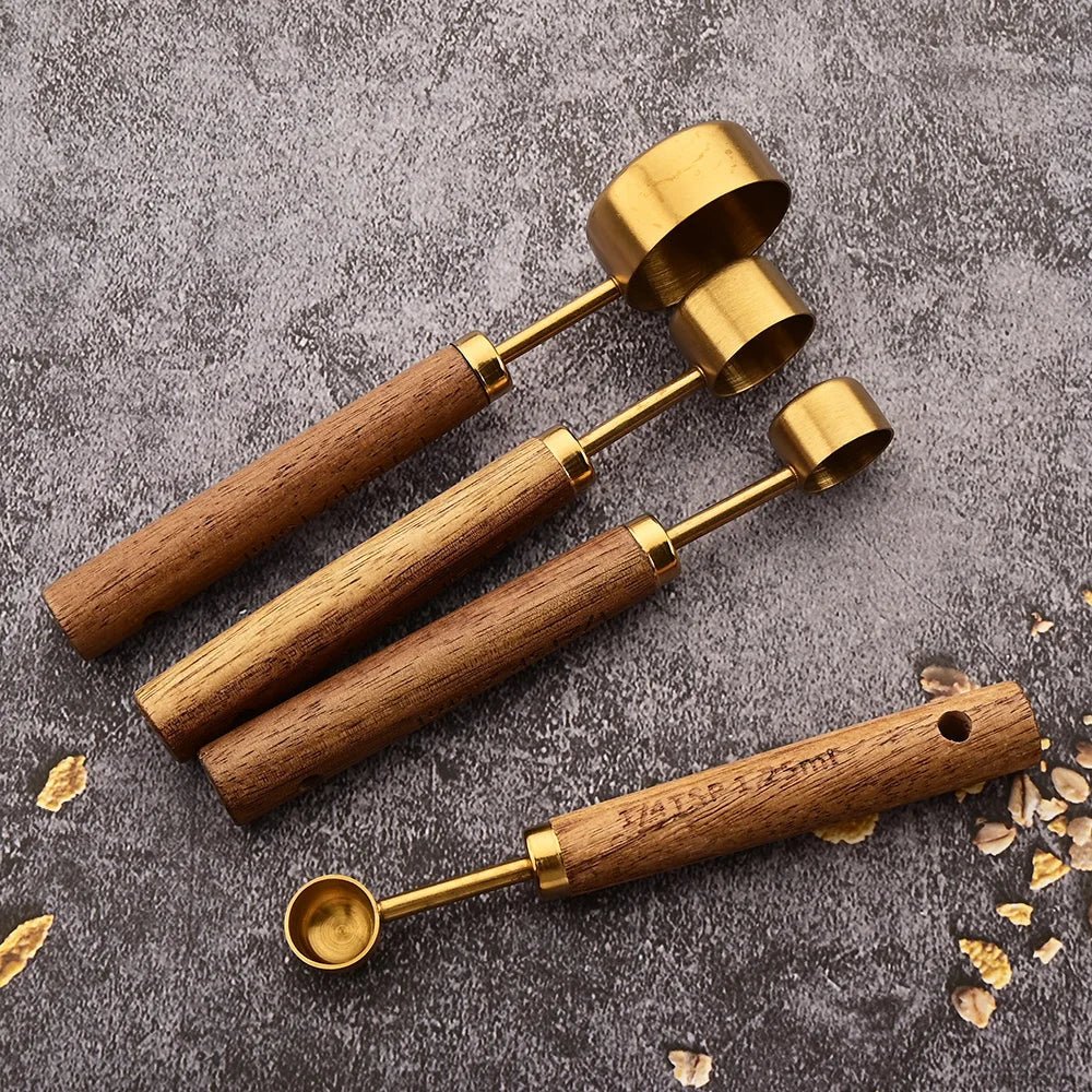 Gold Wooden Handle Stainless Steel Measuring Cups Spoons Baking Tools Coffee Measuring Spoon Set Bartending Scale Accessories - RELUX.STORE