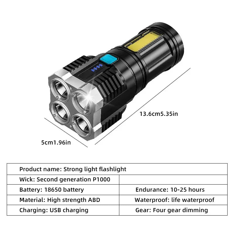 High Power LED Flashlights Camping Torch With 4 Lamp Beads And COB Side Light Rechargeable Portable Hand Lantern 4 Lighting Mode - RELUX.STORE