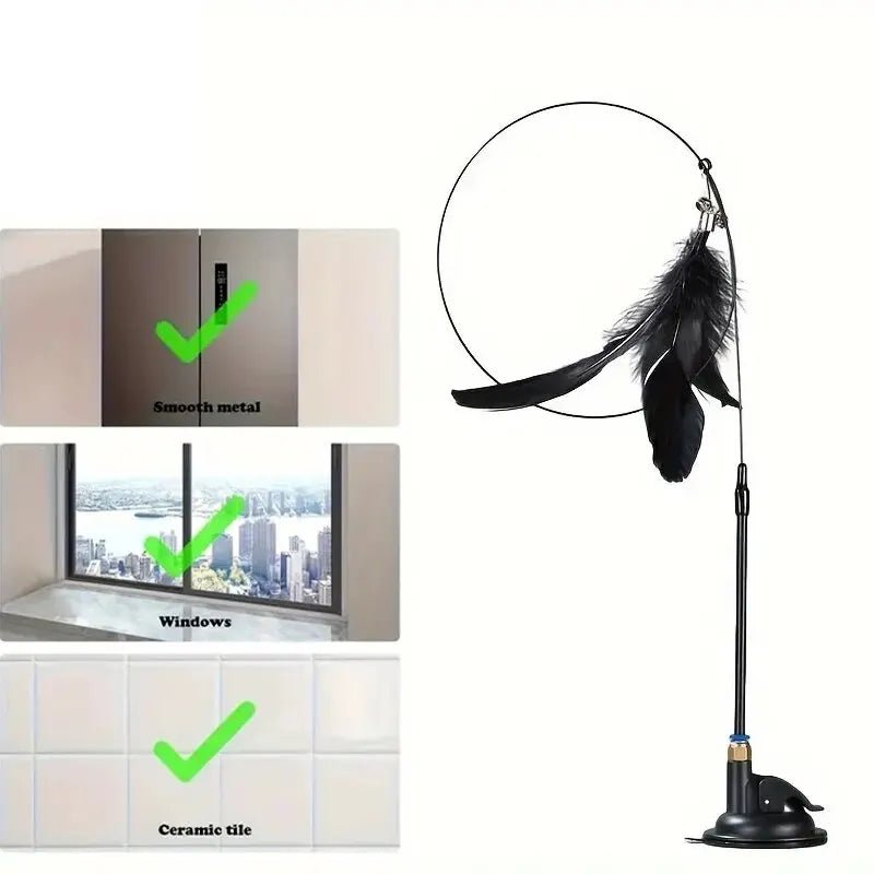 “Interactive Cat Teaser Toy – Bell & Feather Wand with Long Suction Cup Pole for Fun, Active Playtime” - RELUX.STORE