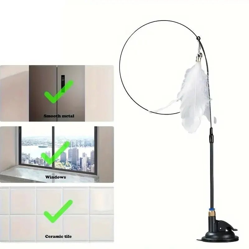 “Interactive Cat Teaser Toy – Bell & Feather Wand with Long Suction Cup Pole for Fun, Active Playtime” - RELUX.STORE