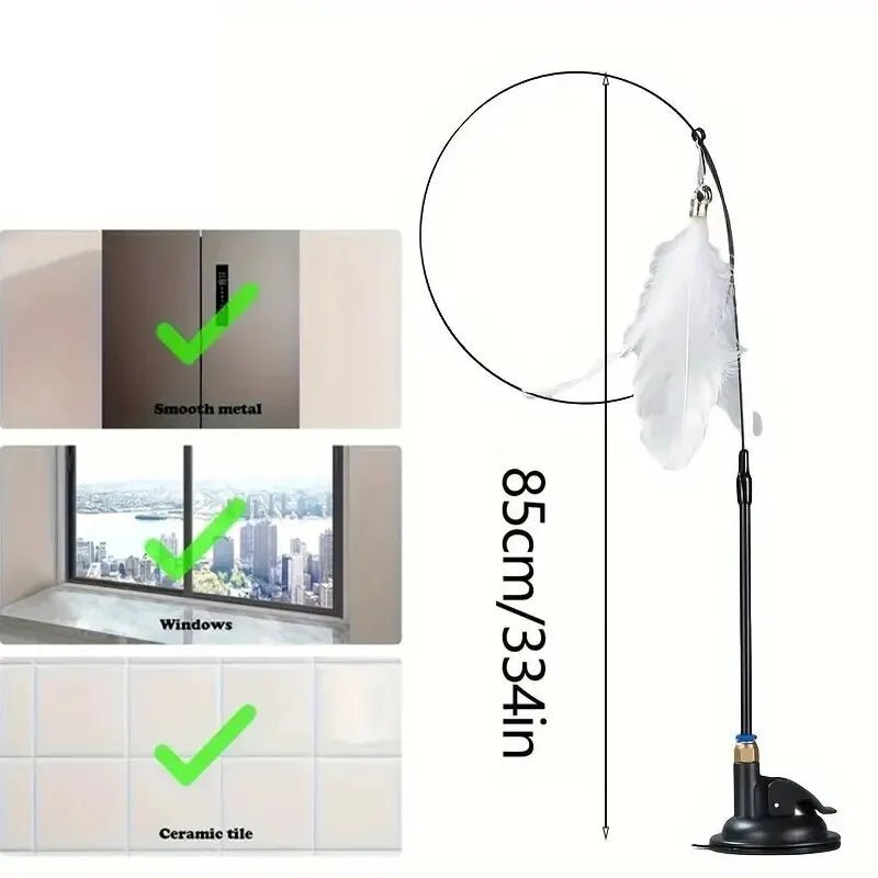 “Interactive Cat Teaser Toy – Bell & Feather Wand with Long Suction Cup Pole for Fun, Active Playtime” - RELUX.STORE