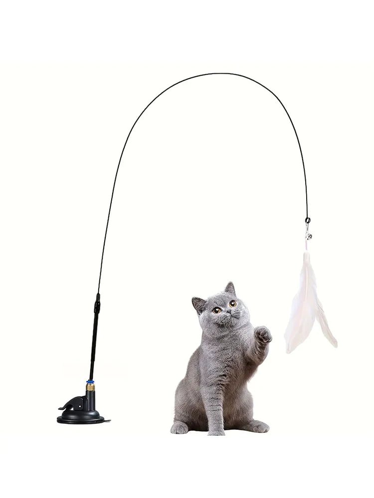“Interactive Cat Teaser Toy – Bell & Feather Wand with Long Suction Cup Pole for Fun, Active Playtime” - RELUX.STORE