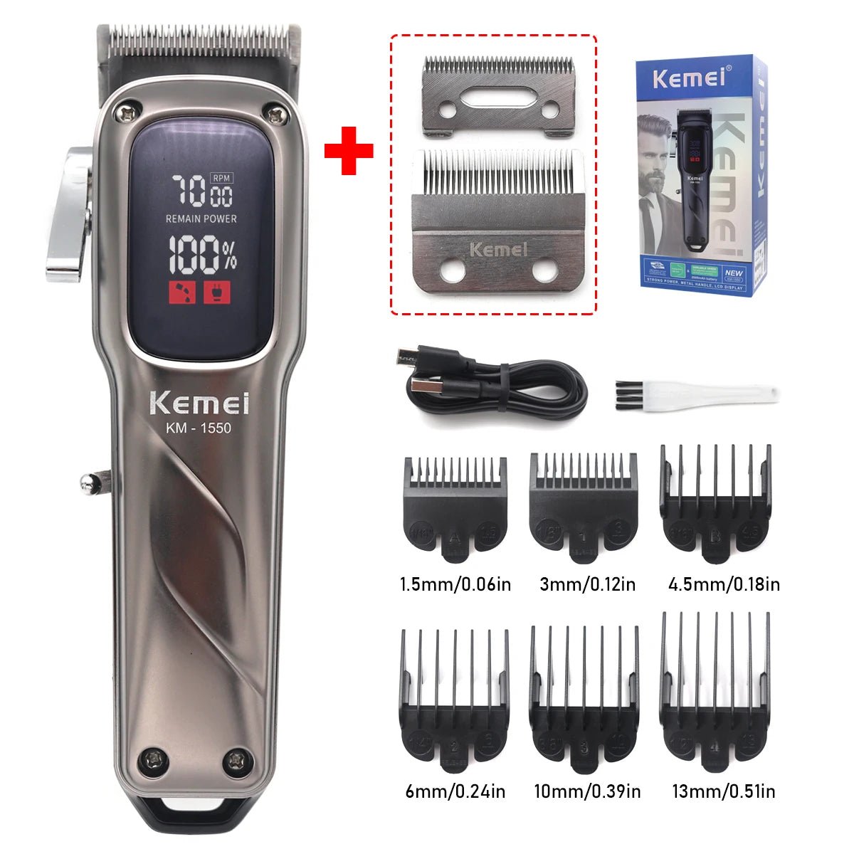 Kemei KM - 1550 Professional Hair Clipper for Men LED Display Low Noise Cordless USB Interface Hair Cutting Machine Hair Trimmer - RELUX.STORE