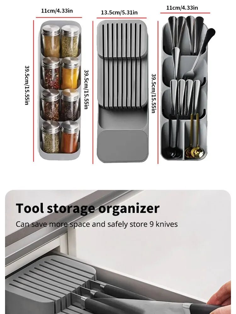 Kitchen Drawer Cutlery Storage Tray Knife Holder Spoon Forks Tableware Organizer Container For Spice Bottles Knives Block Rack - RELUX.STORE
