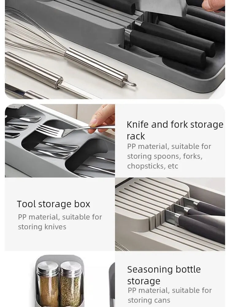 Kitchen Drawer Cutlery Storage Tray Knife Holder Spoon Forks Tableware Organizer Container For Spice Bottles Knives Block Rack - RELUX.STORE