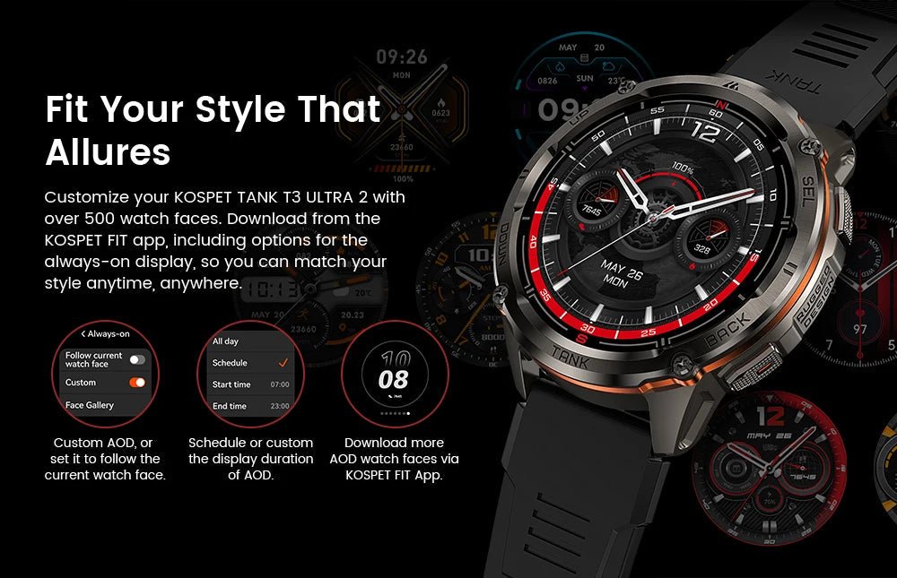 KOSPET TANK T3 Ultra 2 GPS Smart Watch For Men Smartwatch Compass Altimeter Barometric 5ATM IP69K Waterproof AMOLED Mens Watches - RELUX.STORE