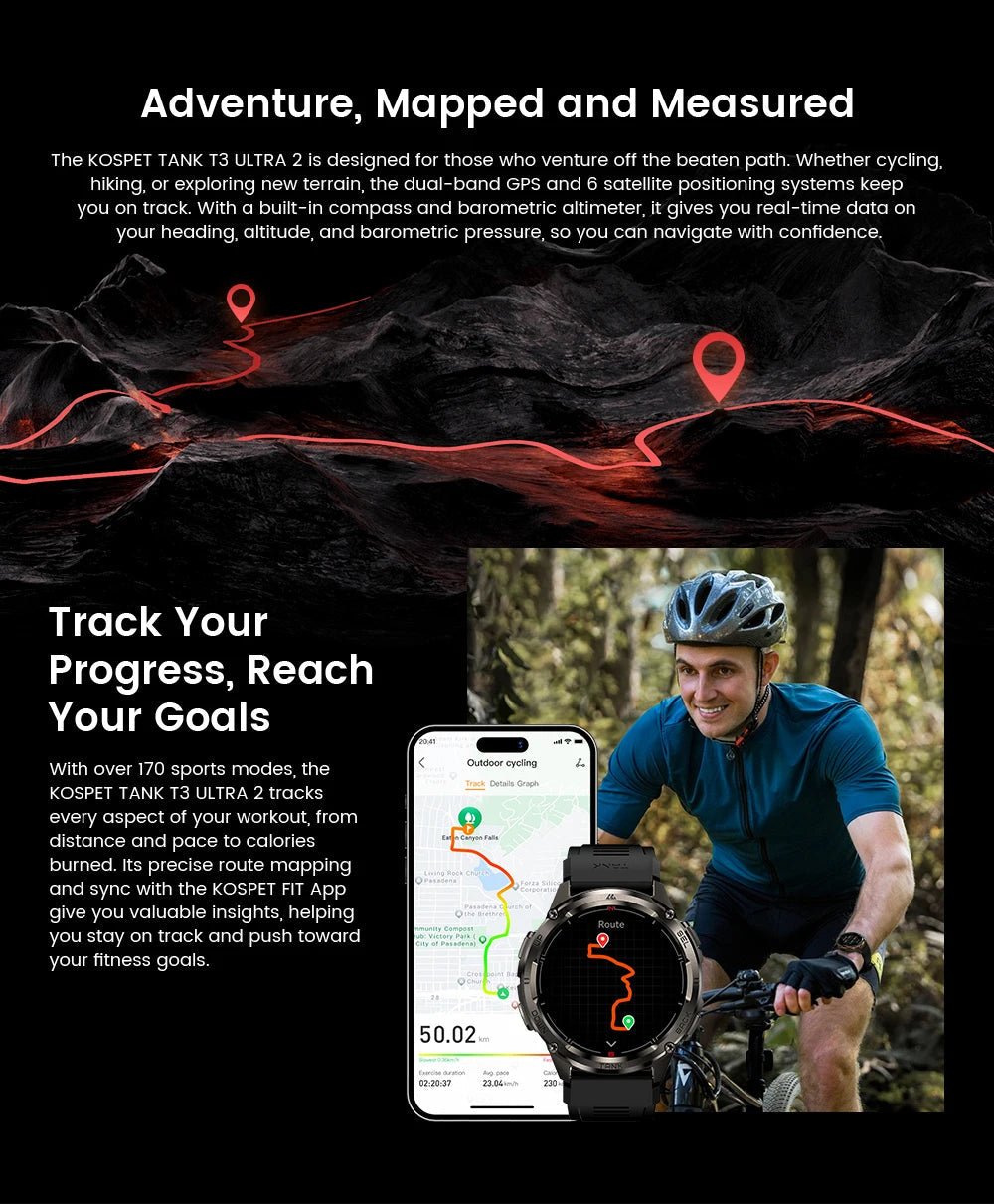 KOSPET TANK T3 Ultra 2 GPS Smart Watch For Men Smartwatch Compass Altimeter Barometric 5ATM IP69K Waterproof AMOLED Mens Watches - RELUX.STORE