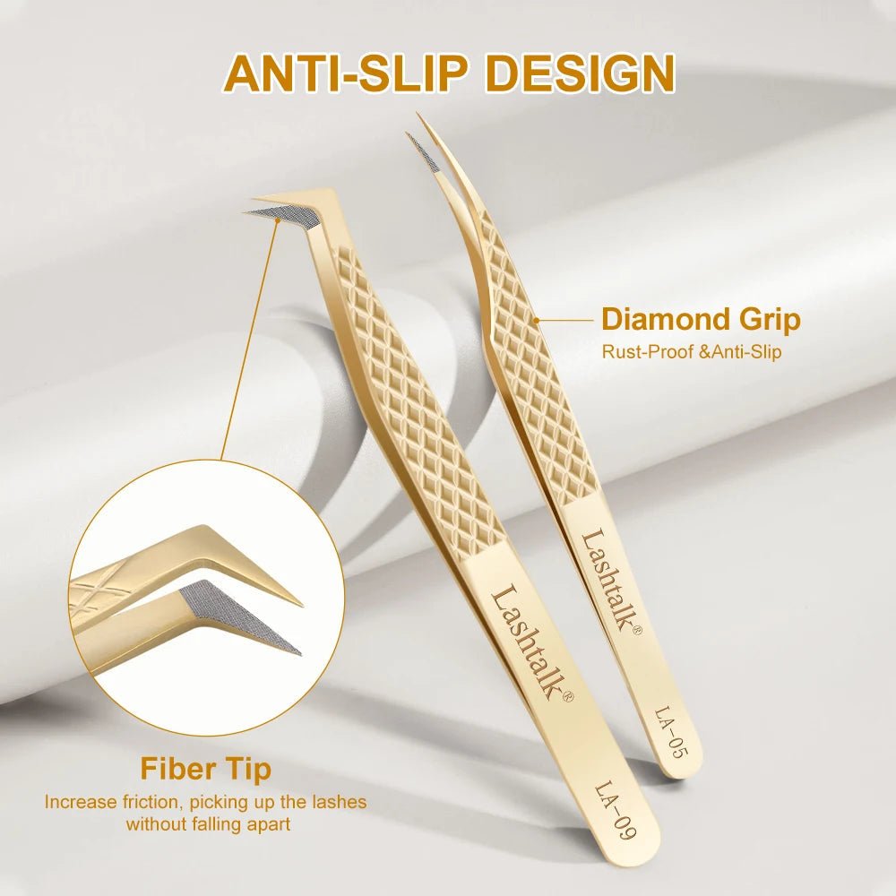 Lashtalk Precision Fiber Tip Tweezer Eyelash Extensions Diamond Grip Anti - Slip Premium Gold Stainless Steel Makeup With Box Pack - RELUX.STORE