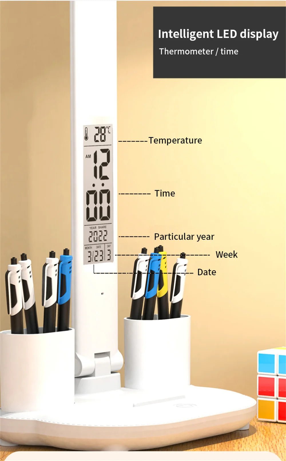 "LED Desk Lamp – USB Dimmable Touch Foldable Table Lamp with Calendar, Temperature, Clock & Night Light for Study & Reading" - RELUX.STORE