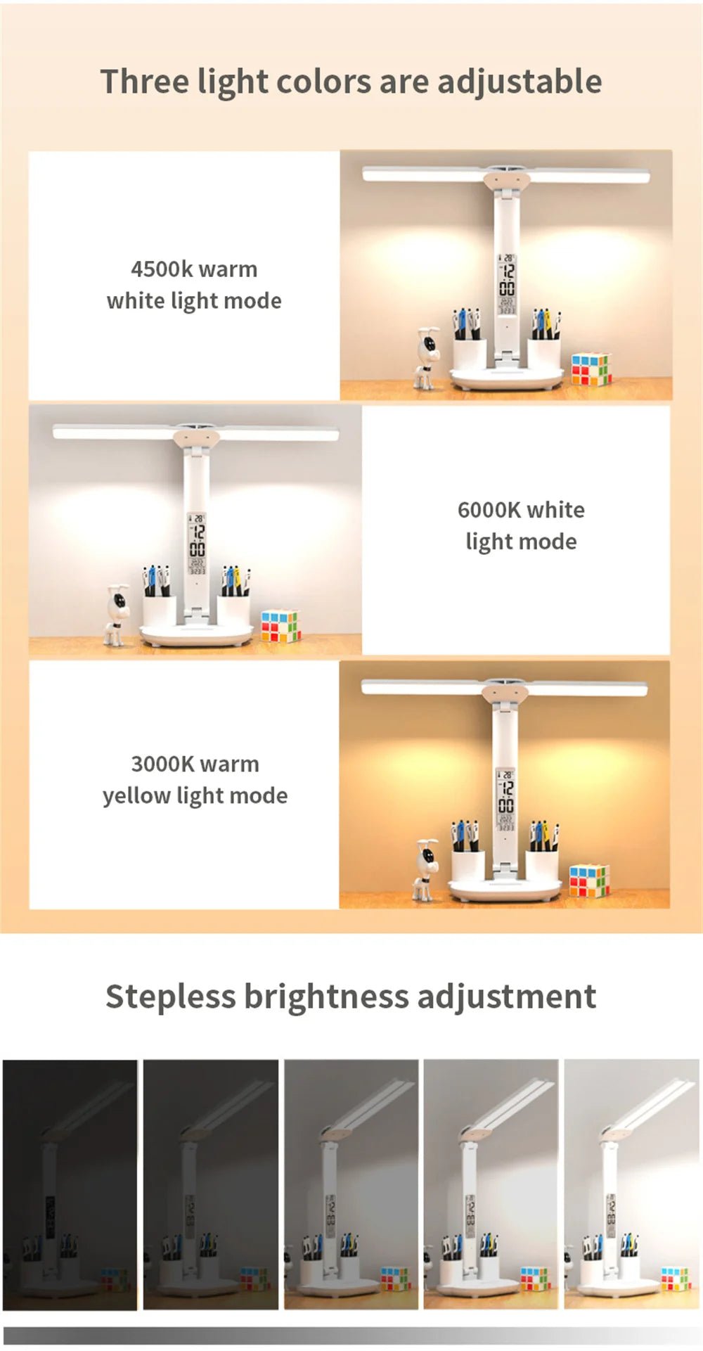 "LED Desk Lamp – USB Dimmable Touch Foldable Table Lamp with Calendar, Temperature, Clock & Night Light for Study & Reading" - RELUX.STORE