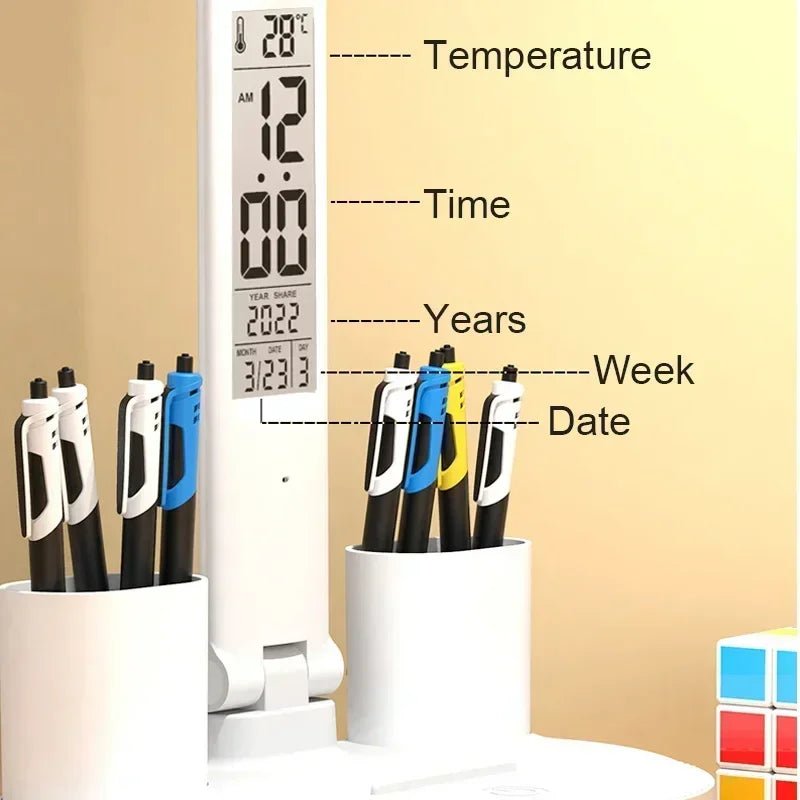 "LED Desk Lamp – USB Dimmable Touch Foldable Table Lamp with Calendar, Temperature, Clock & Night Light for Study & Reading" - RELUX.STORE