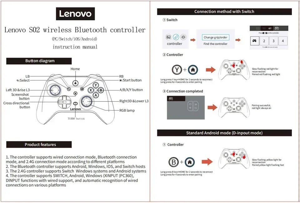 "Lenovo S02 Wireless Bluetooth Controller – Six - Axis Dual Vibration Gamepad for Nintendo Switch, PC, Android TV & iOS" - RELUX.STORE