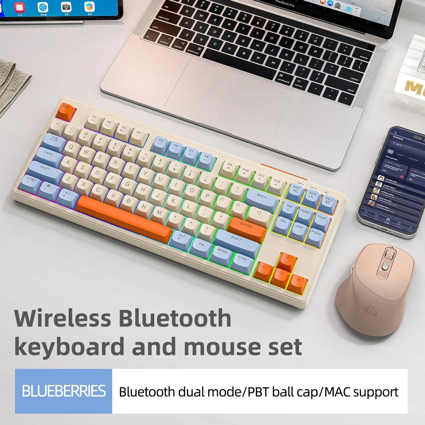 M87 Wireless Keyboard Gaming,87keys Dual Mode Bluetooth Keyboard with Rainbow - light RGB,PBT Ballcaps for Silent Office Gaming - RELUX.STORE