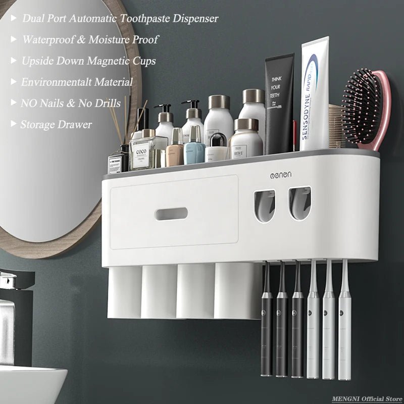 MENGNI - Magnetic Adsorption Inverted Toothbrush Holder Wall - Automatic Toothpaste Squeezer Storage Rack Bathroom Accessories - RELUX.STORE