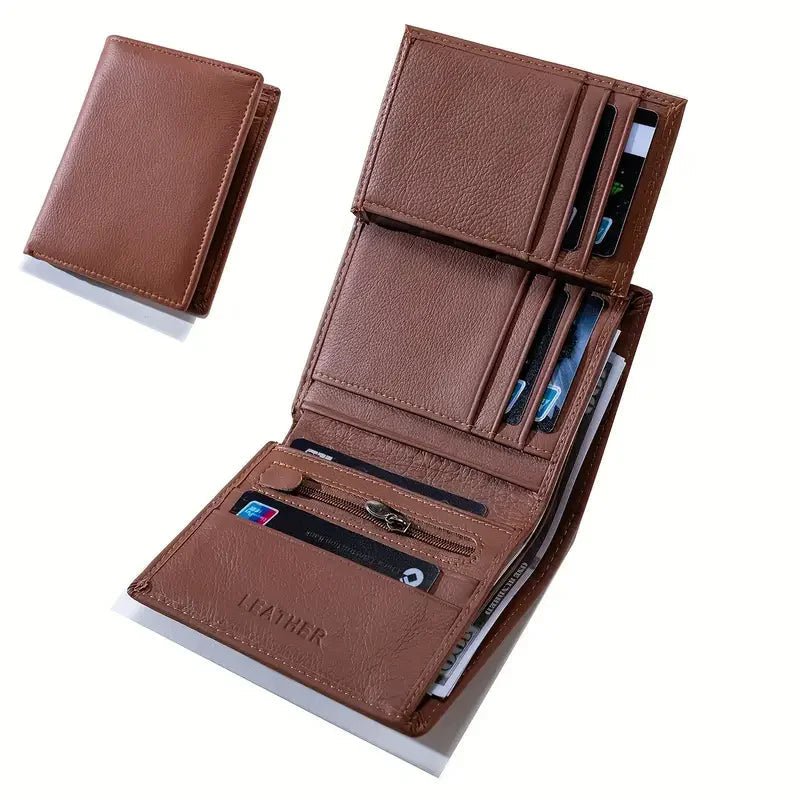 "Men’s Genuine Leather Wallet – RFID Blocking Short Wallet with Coin Purse, Vintage Vertical Design, Credit Card Holder & Money Bag" - RELUX.STORE