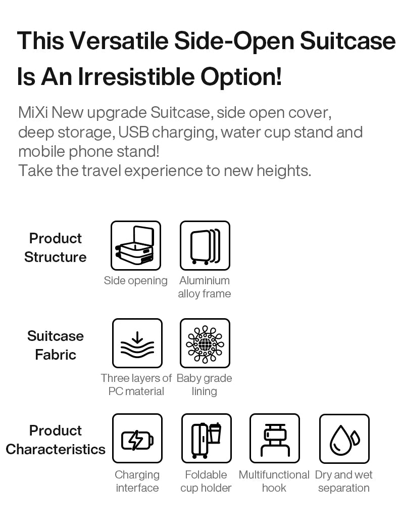 Mixi New Aluminum Frame Suitcase Carry On Rolling Luggage with USB Port Boarding Cabin Cup and Phone Holder 20 24 Inch - RELUX.STOREMixi New Aluminum Frame Suitcase Carry On Rolling Luggage with USB Port Boarding Cabin Cup and Phone Holder 20 24 Inch