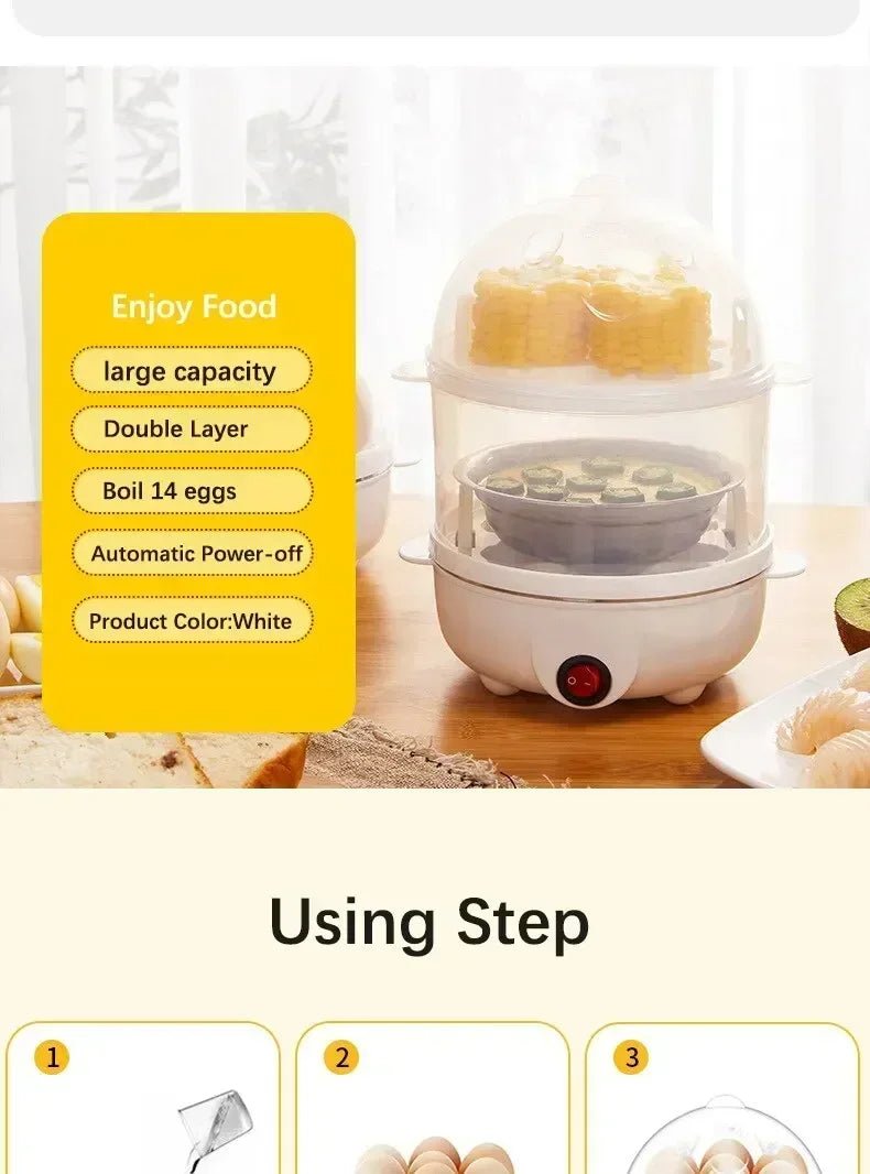 Multifunctional Electric Egg Cooker Steamer - Double Layer for Boil, Poach, Steam Eggs & Veggies, Compact Breakfast Appliance - RELUX.STORE